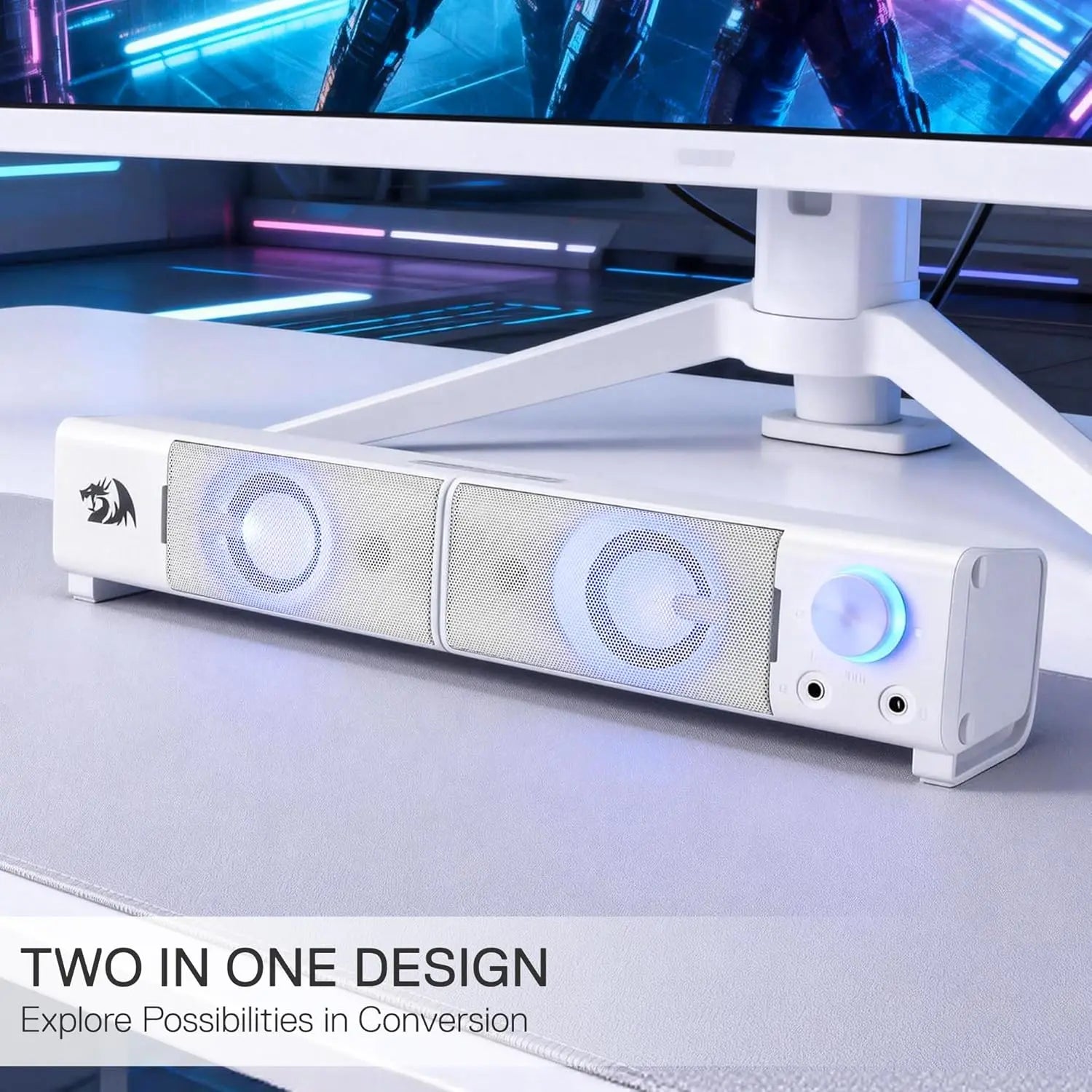 Redragon GS550 2.0 Channel PC Gaming Audio Sound System, Compact Desk Gadgets Bass Speakers, Lighted Display Speakers with Headphone Jack, Red Backlit, USB Powered & 3.5Mm Cable, White Desktop Sound Bar