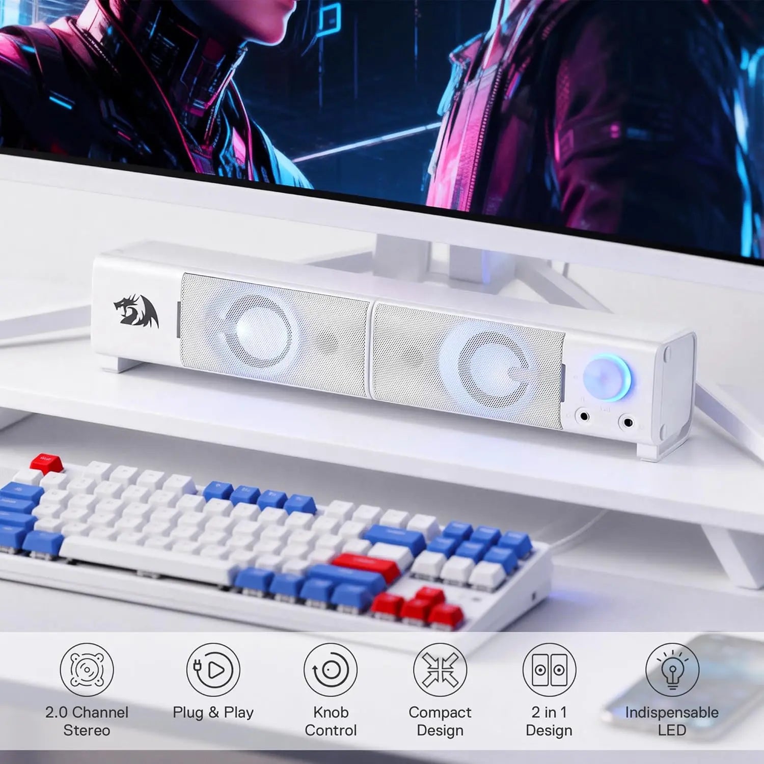 Redragon GS550 2.0 Channel PC Gaming Audio Sound System, Compact Desk Gadgets Bass Speakers, Lighted Display Speakers with Headphone Jack, Red Backlit, USB Powered & 3.5Mm Cable, White Desktop Sound Bar