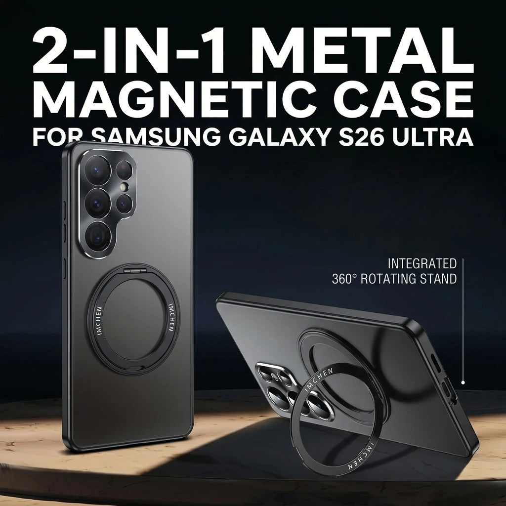 Samsung Galaxy S25 S26 Ultra Metal Frame Smartphone Case, Stylish Shockproof Casing, 360° Rotating Stand, Lens Protection, PC Back Cover, Aluminum Alloy, Anti-Drop, Free Screen Protector