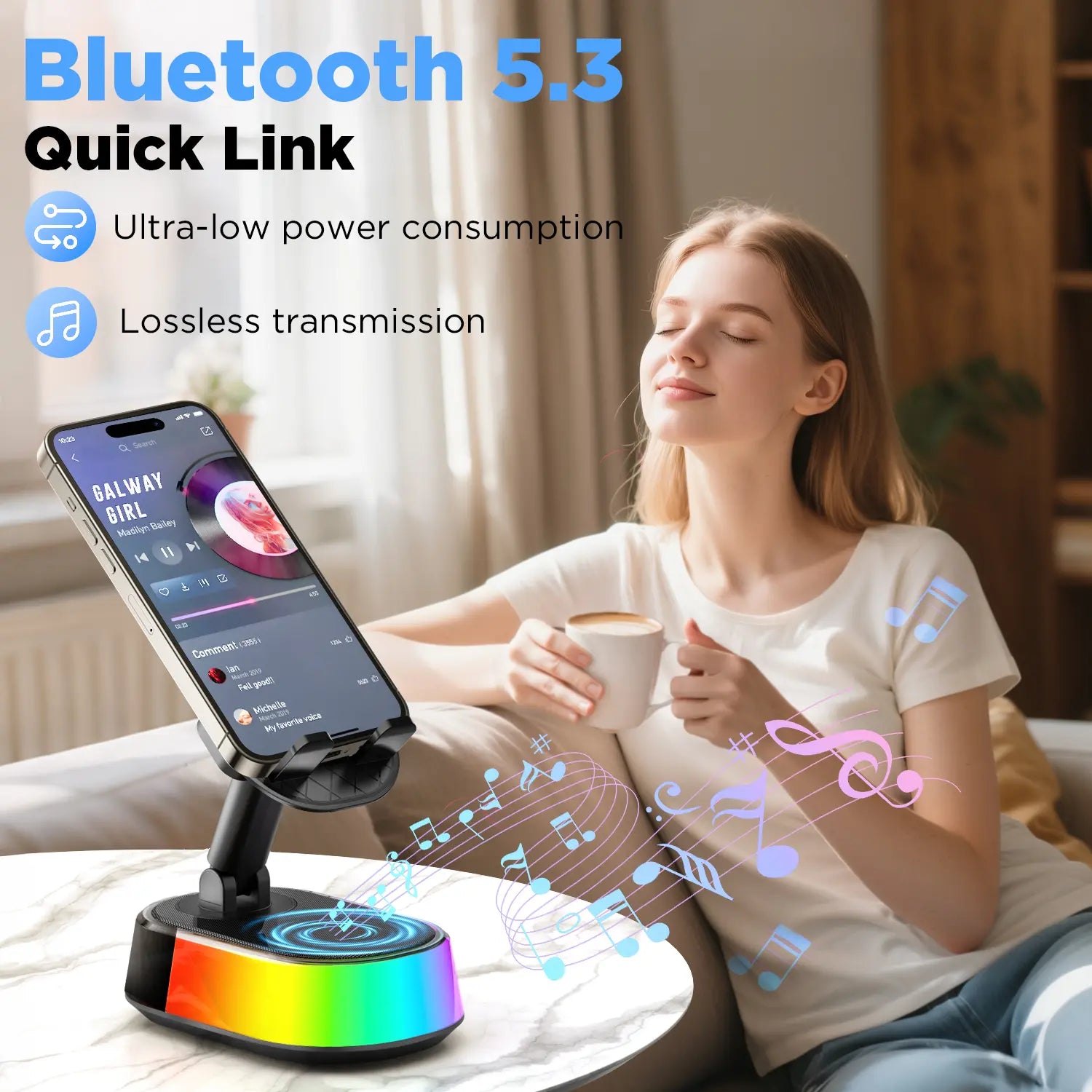 Wireless Induction Audio Speaker Stand, 5In1 Cellphone Holder, Rechargeable Emergency Power Bank,360° Adjustable Mobile Tablet Stand with Colorful Ambient Light Gifts for Men Women