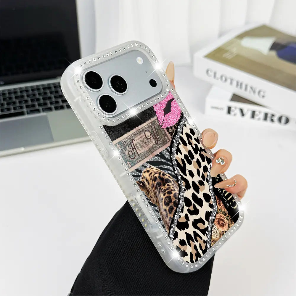Shining Leopard Print Double-Sided Diamond Studded Phone Case, Military Grade anti Drop, Stylish and Beautiful Phone Protection Case, Suitable for Iphone 17 Pro Max, 16, 15 Plus, 14, 13, 12, 11 Women'S Phone Case-A192