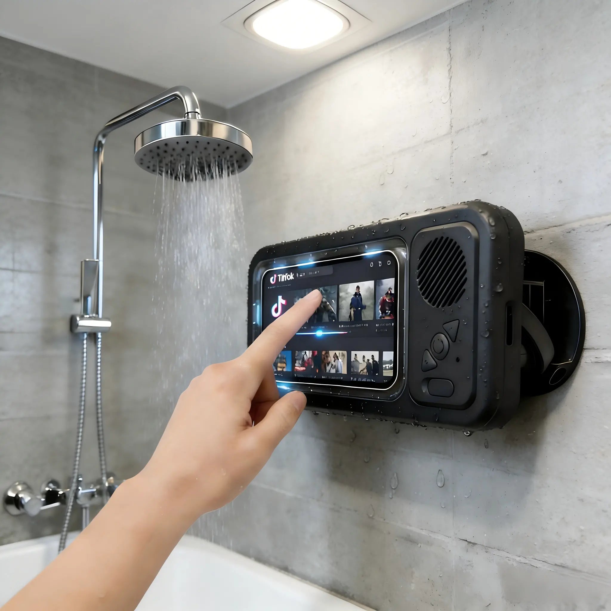 Waterproof Shower Phone Holder with Bluetooth Speaker, 360° Rotating Anti-Fog Touchscreen – Watch Videos, Listen to Music & Take Calls in Shower, Bathroom, Kitchen & Pool Smartphone Accessories Handy