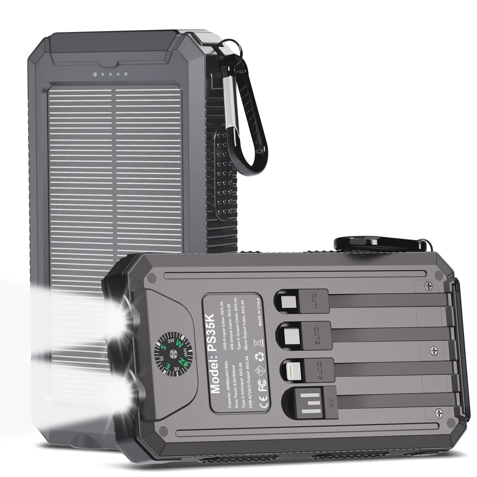 Solar Charger Power Bank 20000Mah, Portable Charger, 4 Cables 3 Ports Fast Charging External Battery Pack with USB C for Cell Phones, Solar Panel Charger with Dual Flashlight for Camping Power Bank Power Bank Charger Battery Power Bank Waterproof Compass