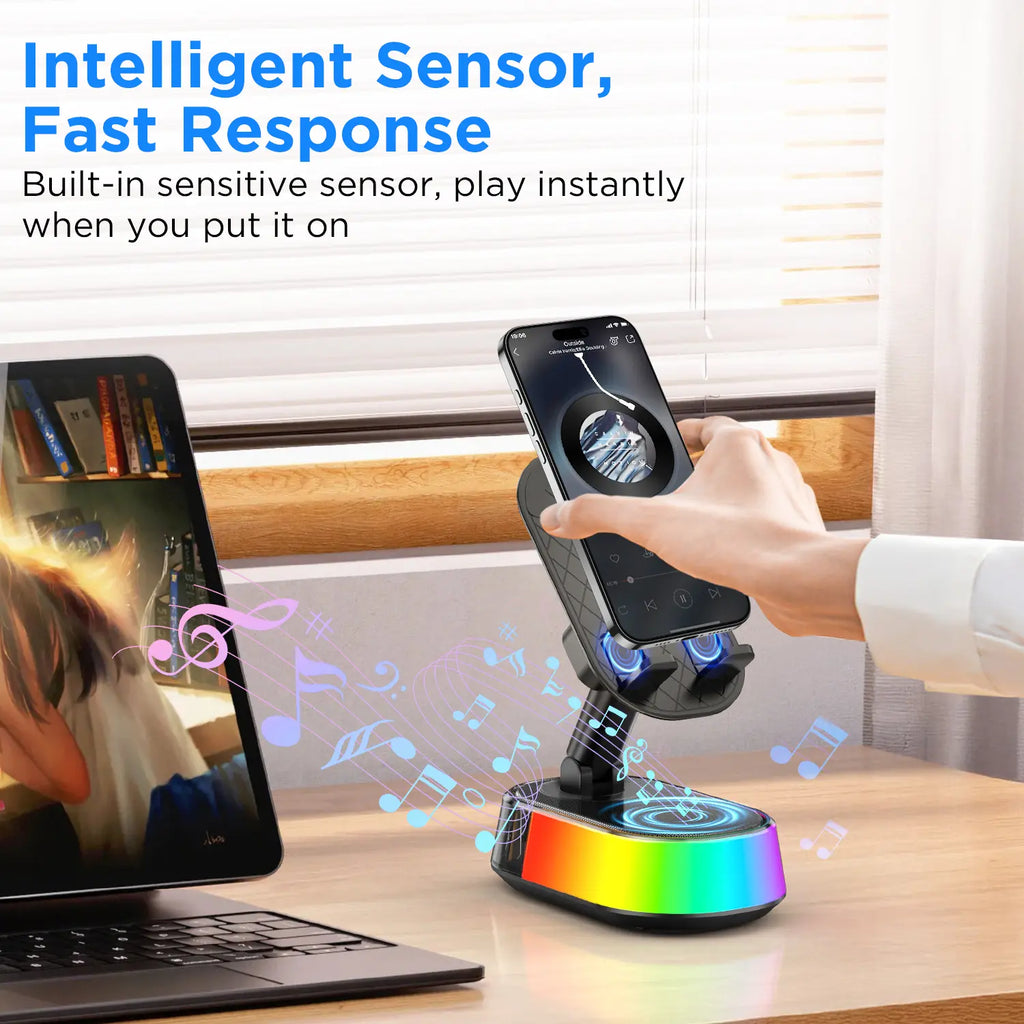 Wireless Induction Audio Speaker Stand, 5In1 Cellphone Holder, Rechargeable Emergency Power Bank,360° Adjustable Mobile Tablet Stand with Colorful Ambient Light Gifts for Men Women