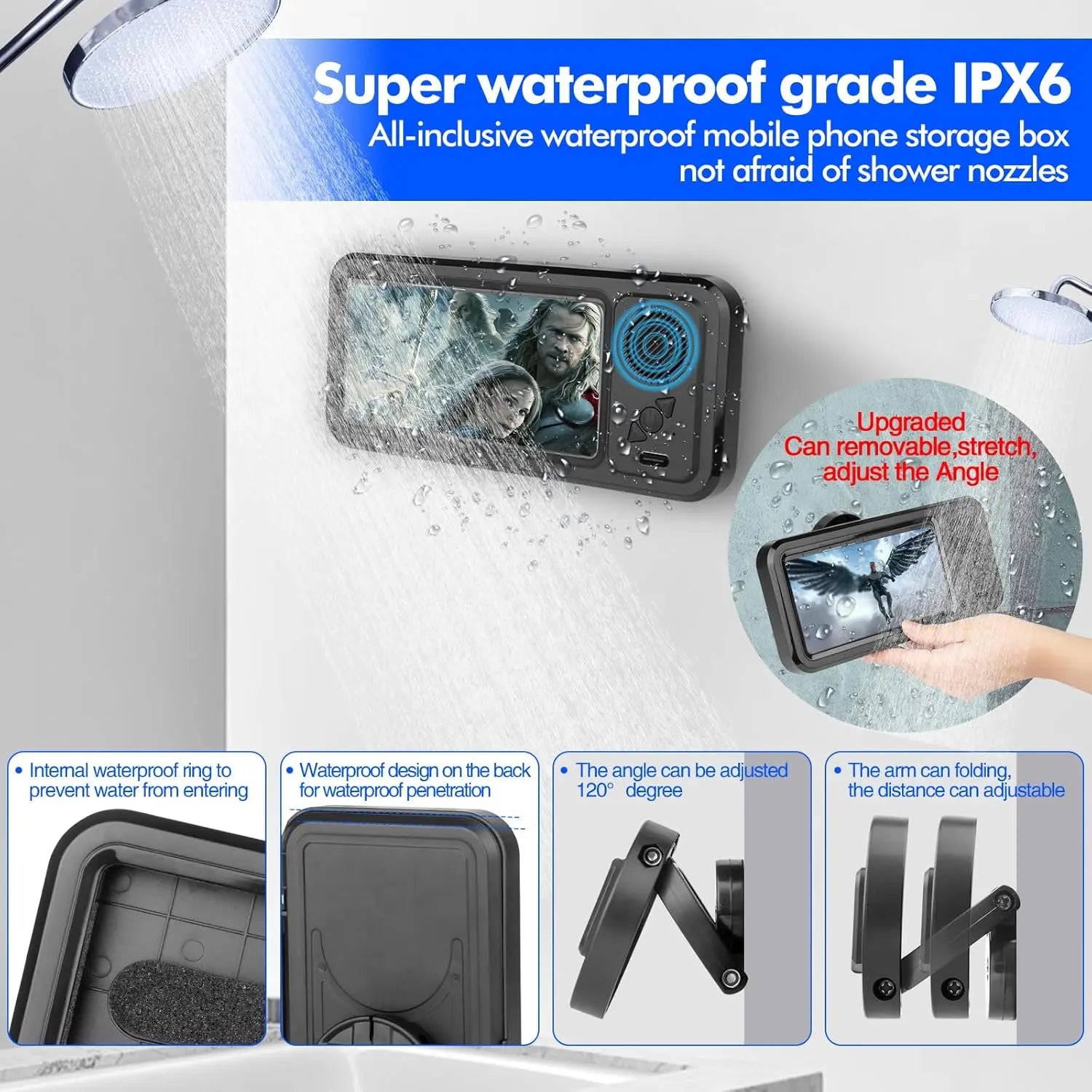 Waterproof Shower Phone Holder with Bluetooth Speaker, 360° Rotating Anti-Fog Touchscreen – Watch Videos, Listen to Music & Take Calls in Shower, Bathroom, Kitchen & Pool Smartphone Accessories Handy
