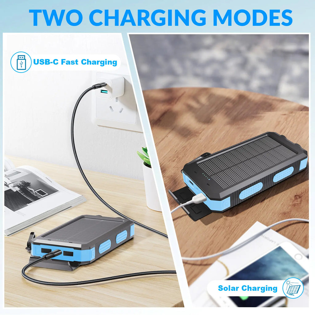 Solar Charger Power Bank 20000Mah, Portable Charger, 4 Cables 3 Ports Fast Charging External Battery Pack with USB C for Cell Phones, Solar Panel Charger with Dual Flashlight for Camping Power Bank Power Bank Charger Battery Power Bank Waterproof Compass
