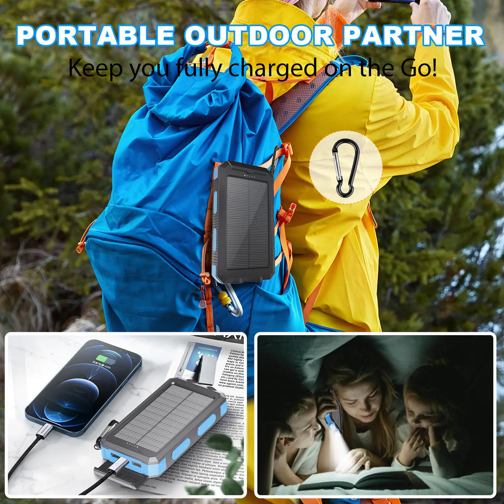Solar Charger Power Bank 20000Mah, Portable Charger, 4 Cables 3 Ports Fast Charging External Battery Pack with USB C for Cell Phones, Solar Panel Charger with Dual Flashlight for Camping Power Bank Power Bank Charger Battery Power Bank Waterproof Compass