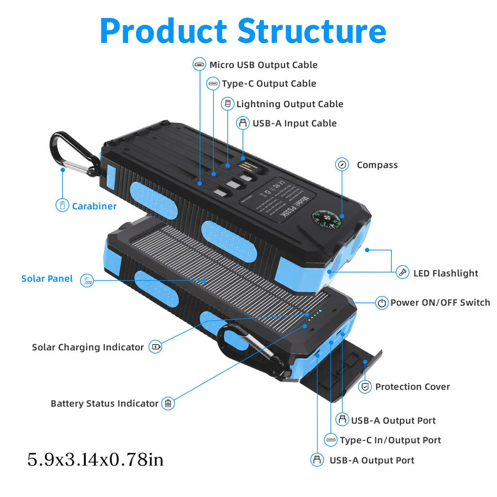 Solar Charger Power Bank 20000Mah, Portable Charger, 4 Cables 3 Ports Fast Charging External Battery Pack with USB C for Cell Phones, Solar Panel Charger with Dual Flashlight for Camping Power Bank Power Bank Charger Battery Power Bank Waterproof Compass