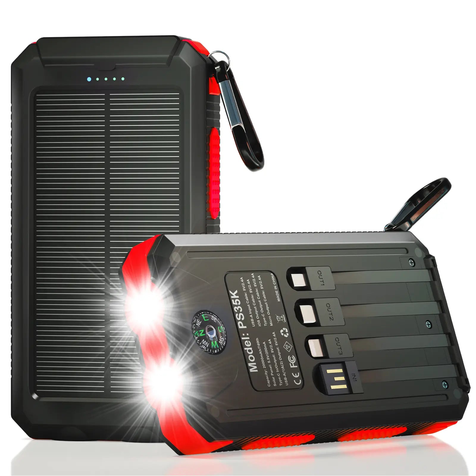 Solar Charger Power Bank 20000Mah, Portable Charger, 4 Cables 3 Ports Fast Charging External Battery Pack with USB C for Cell Phones, Solar Panel Charger with Dual Flashlight for Camping Power Bank Power Bank Charger Battery Power Bank Waterproof Compass