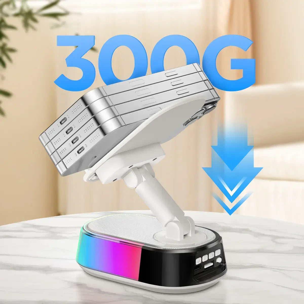 Wireless Bluetooth Speaker with Phone Holder, Emergency Charging, Smart Sensing, Colorful Atmosphere Light, 9D HD Surround Sound, Foldable & Rotatable, for Iphone & Android