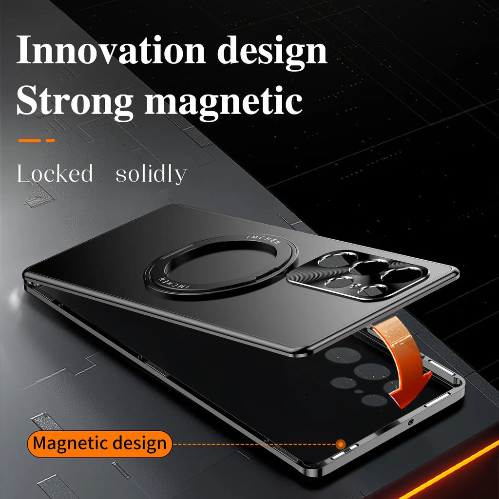 Samsung Galaxy S25 S26 Ultra Metal Frame Smartphone Case, Stylish Shockproof Casing, 360° Rotating Stand, Lens Protection, PC Back Cover, Aluminum Alloy, Anti-Drop, Free Screen Protector