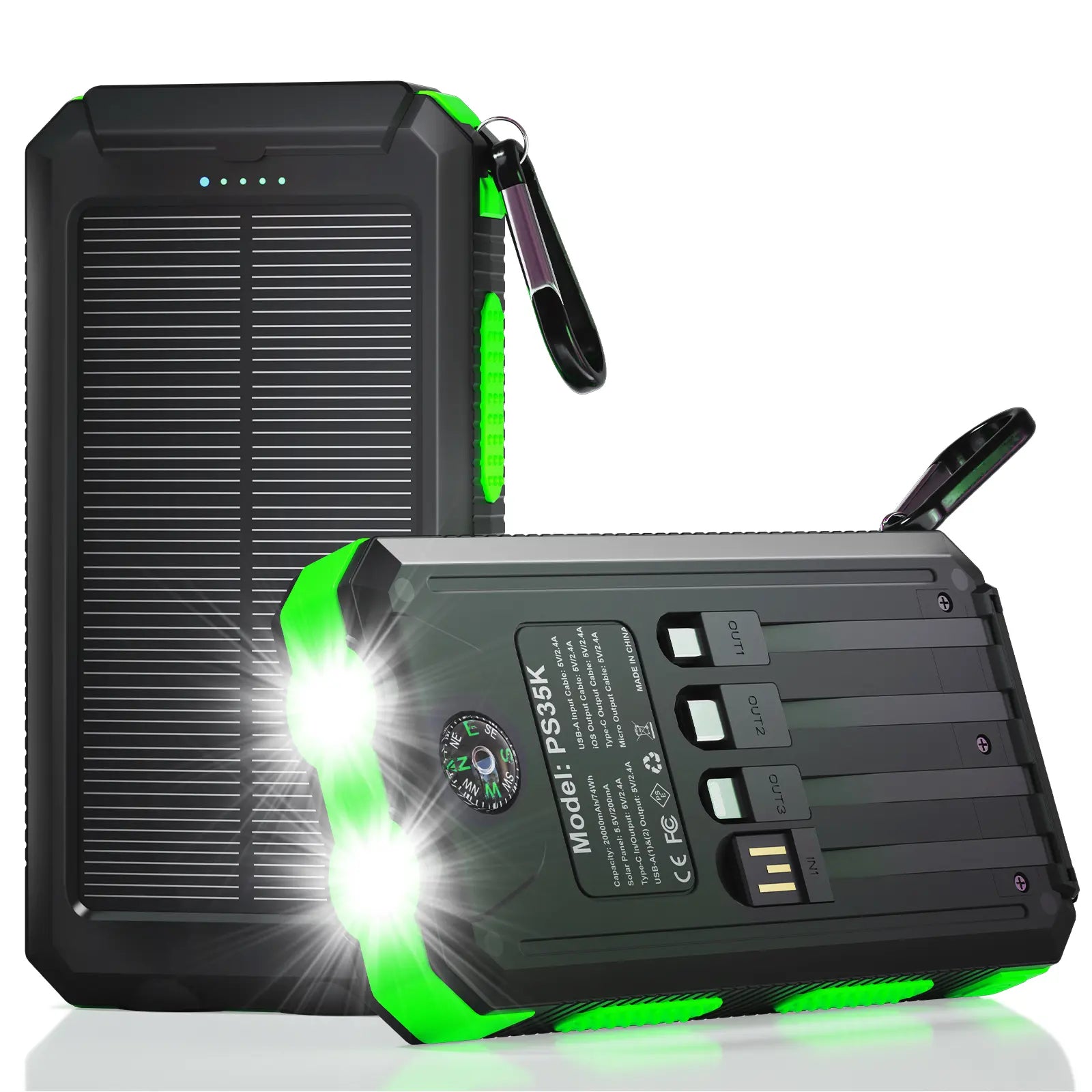 Solar Charger Power Bank 20000Mah, Portable Charger, 4 Cables 3 Ports Fast Charging External Battery Pack with USB C for Cell Phones, Solar Panel Charger with Dual Flashlight for Camping Power Bank Power Bank Charger Battery Power Bank Waterproof Compass