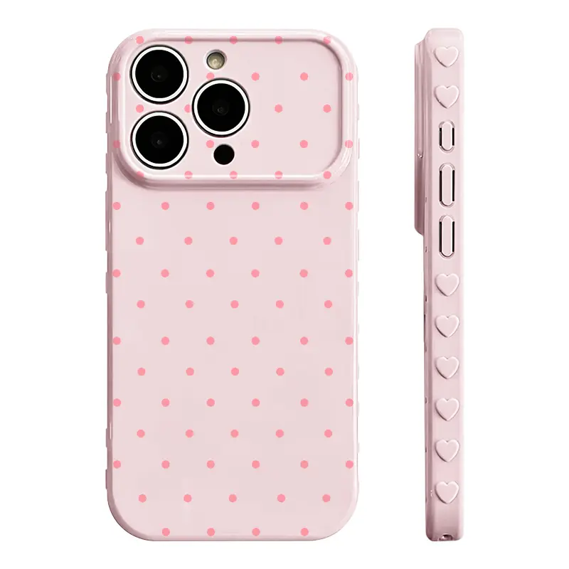 Polka‑Dot Heart‑Border Phone Case Made of Premium Glossy Soft Tpu‑Pc Composite Material. the Smooth Skin‑Friendly Surface Resists Fingerprints and Delivers a Silky Non‑Slip Grip. Exquisite Embossed Heart Patterns on Side Borders Add Sweet Detail