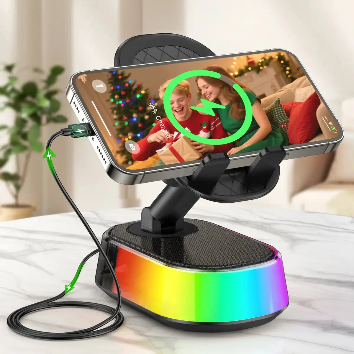 Wireless Bluetooth Speaker with Phone Holder, Emergency Charging, Smart Sensing, Colorful Atmosphere Light, 9D HD Surround Sound, Foldable & Rotatable, for Iphone & Android