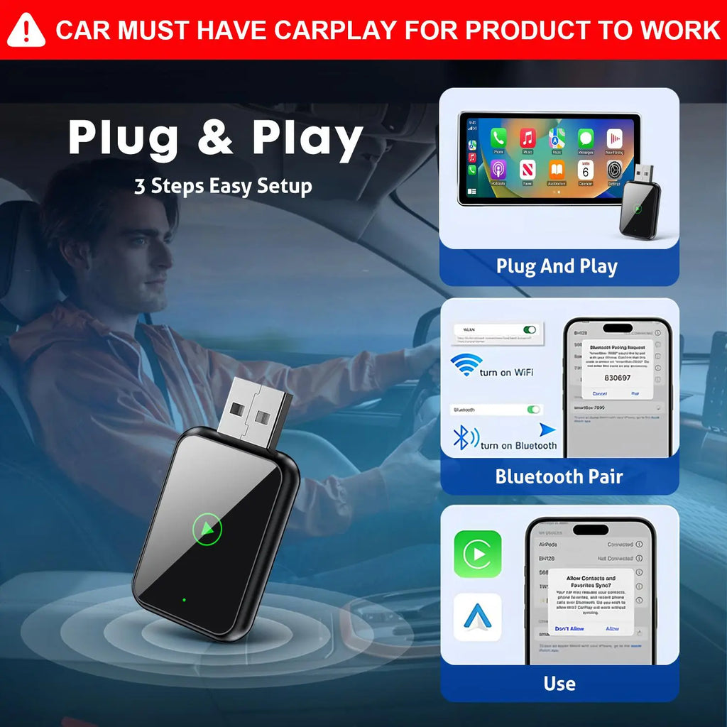 Wired Carplay Adapter for Chevrolet, Ford, Toyota,Adapter 2-In-1: Plug-And-Play USB Car Connector,For Both Apple and Android,Converts Wired to Wireless,Multifunctional Car Bluetooth Connection Box