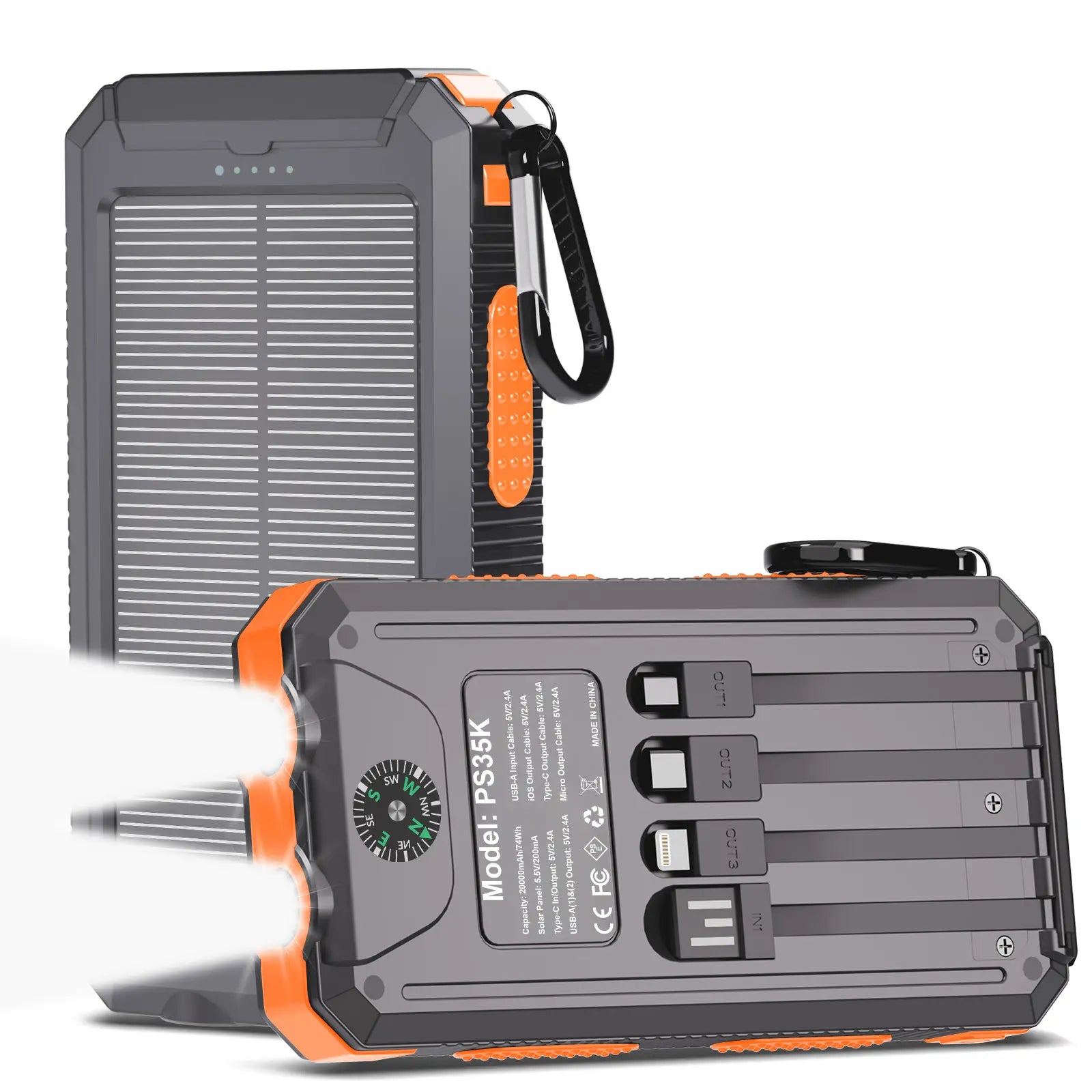Solar Charger Power Bank 20000Mah, Portable Charger, 4 Cables 3 Ports Fast Charging External Battery Pack with USB C for Cell Phones, Solar Panel Charger with Dual Flashlight for Camping Power Bank Power Bank Charger Battery Power Bank Waterproof Compass