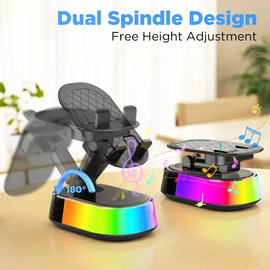 Wireless Bluetooth Speaker with Phone Holder, Emergency Charging, Smart Sensing, Colorful Atmosphere Light, 9D HD Surround Sound, Foldable & Rotatable, for Iphone & Android