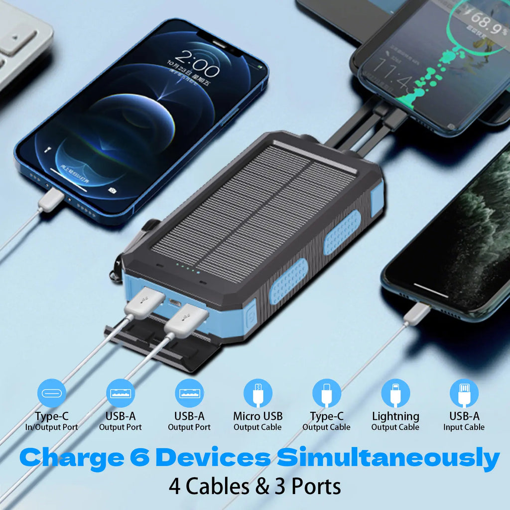 Solar Charger Power Bank 20000Mah, Portable Charger, 4 Cables 3 Ports Fast Charging External Battery Pack with USB C for Cell Phones, Solar Panel Charger with Dual Flashlight for Camping Power Bank Power Bank Charger Battery Power Bank Waterproof Compass