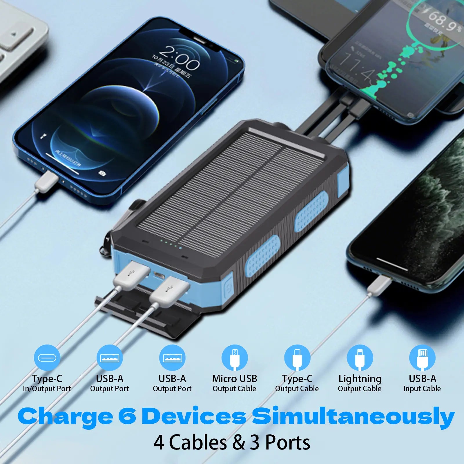 Solar Charger Power Bank 20000Mah, Portable Charger, 4 Cables 3 Ports Fast Charging External Battery Pack with USB C for Cell Phones, Solar Panel Charger with Dual Flashlight for Camping Power Bank Power Bank Charger Battery Power Bank Waterproof Compass