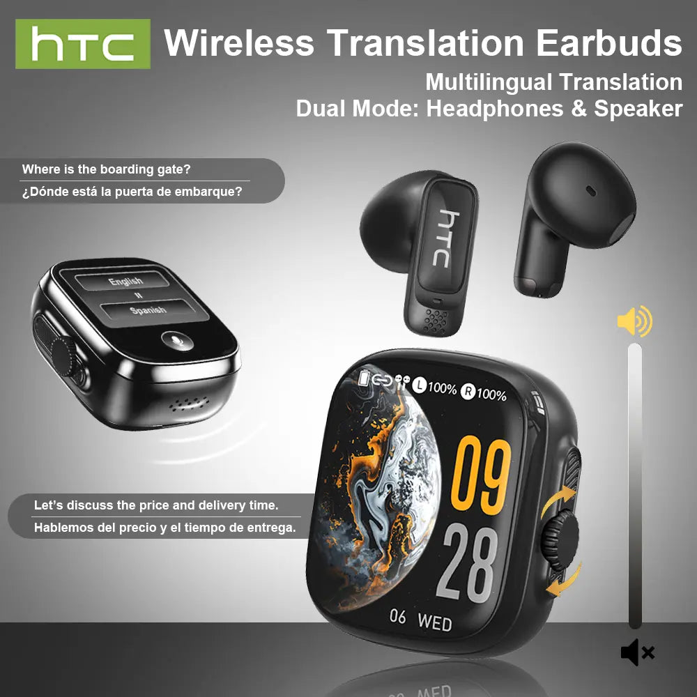 HTC NE72 TWS Earbuds, Bluetooth 6.0 Headphones, Multi-Language Translation, with App, Earbud Case Supports External Audio Playbackwireless Earbuds with LED Smart Touch Control, Suitable for Gaming, Office Work, Sports, Studying, and Voice Calls