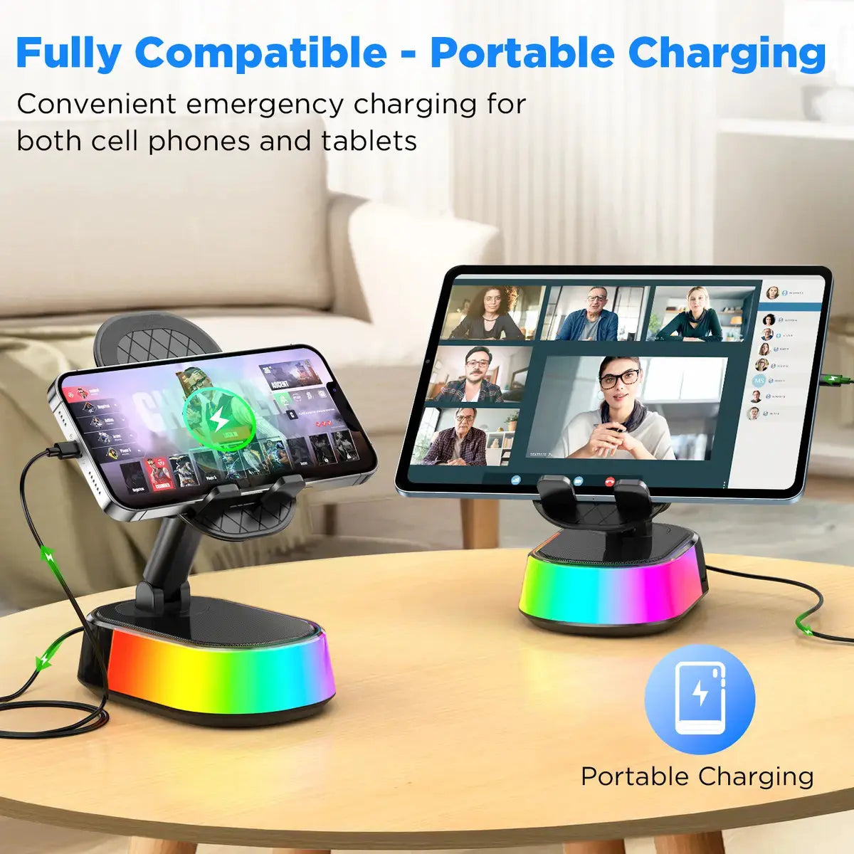 Wireless Bluetooth Speaker with Phone Holder, Emergency Charging, Smart Sensing, Colorful Atmosphere Light, 9D HD Surround Sound, Foldable & Rotatable, for Iphone & Android