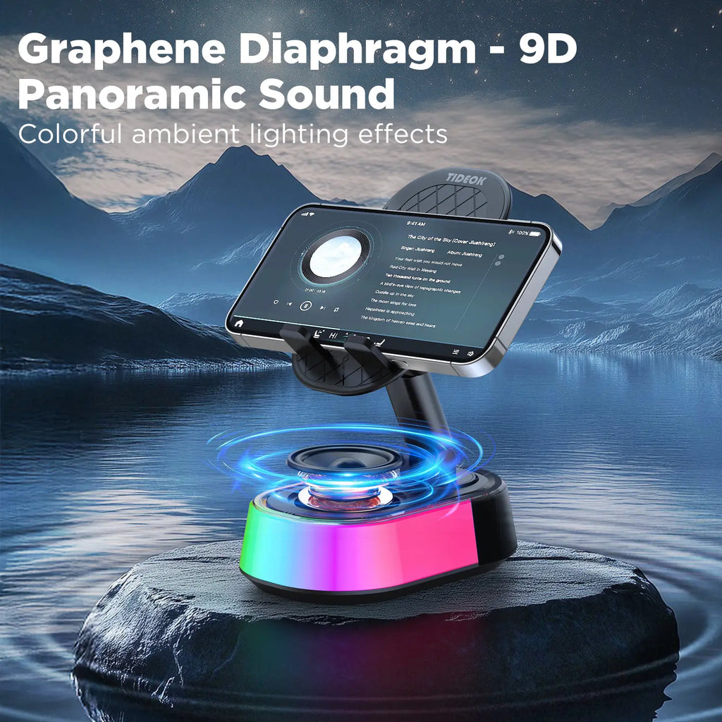 Wireless Induction Audio Speaker Stand, 5In1 Cellphone Holder, Rechargeable Emergency Power Bank,360° Adjustable Mobile Tablet Stand with Colorful Ambient Light Gifts for Men Women