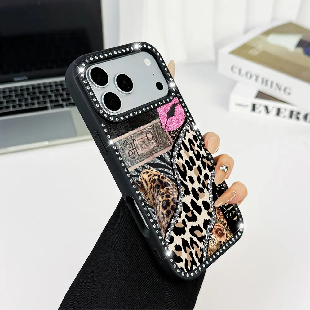 Shining Leopard Print Double-Sided Diamond Studded Phone Case, Military Grade anti Drop, Stylish and Beautiful Phone Protection Case, Suitable for Iphone 17 Pro Max, 16, 15 Plus, 14, 13, 12, 11 Women'S Phone Case-A192