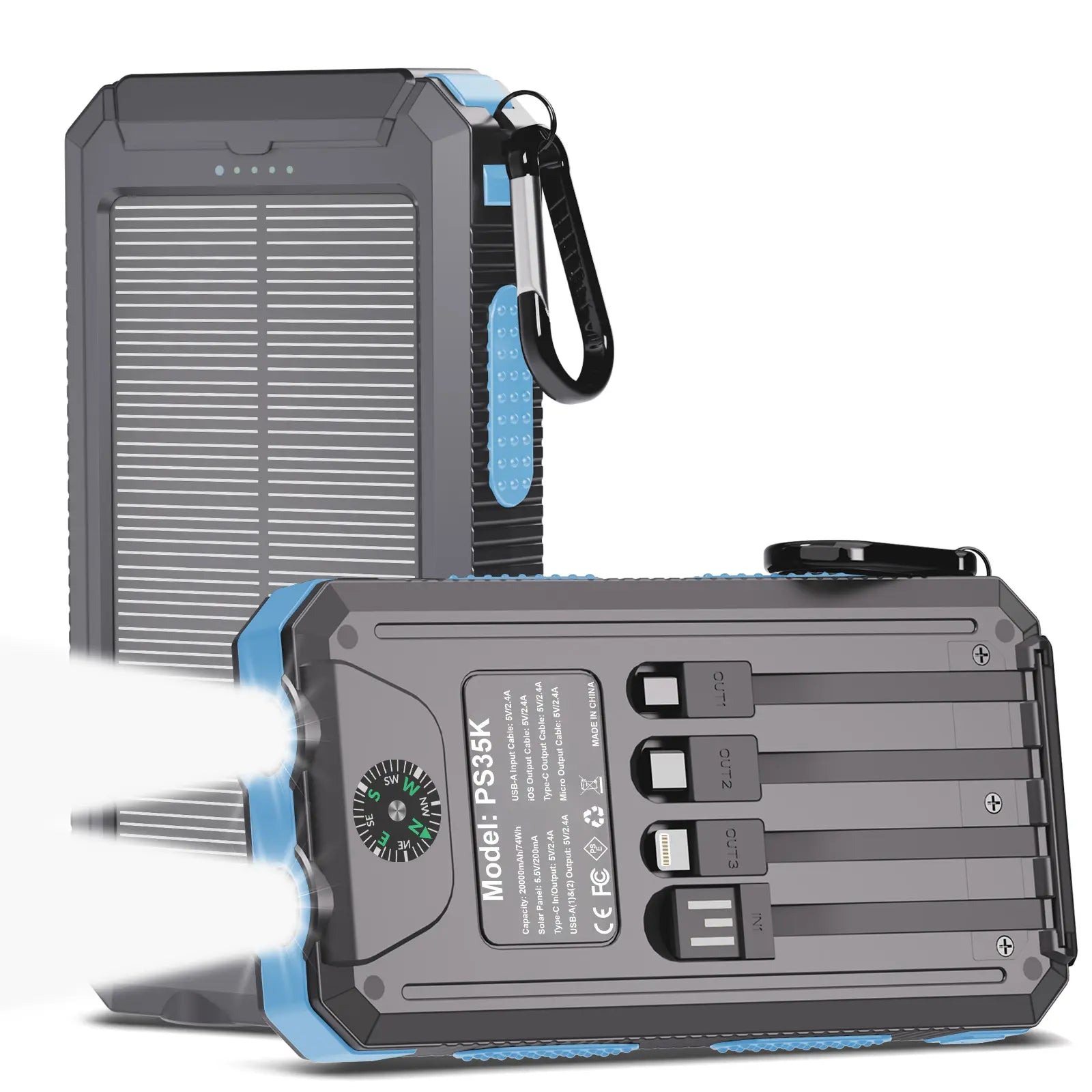 Solar Charger Power Bank 20000Mah, Portable Charger, 4 Cables 3 Ports Fast Charging External Battery Pack with USB C for Cell Phones, Solar Panel Charger with Dual Flashlight for Camping Power Bank Power Bank Charger Battery Power Bank Waterproof Compass