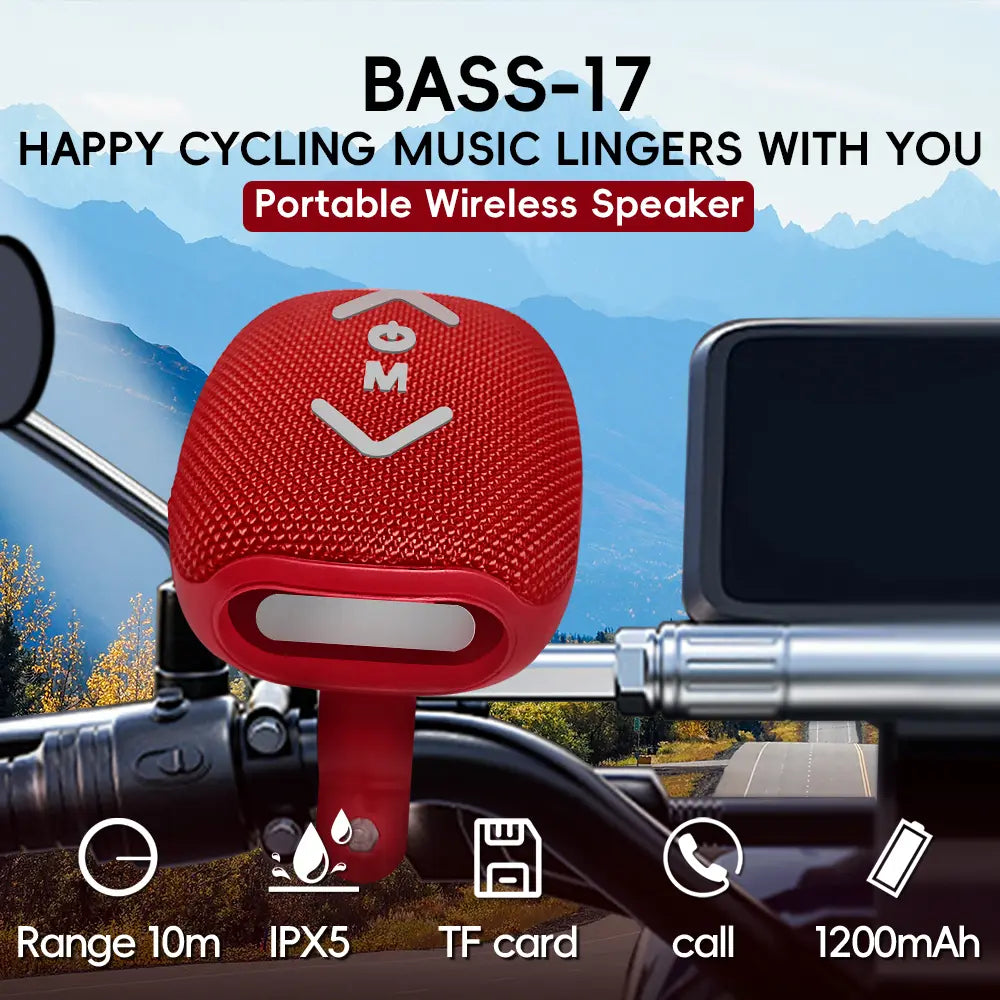 Bass-17 Wireless Cycling Speaker: 7W Stereo with Deep Bass to Boost Your Ride, 1200Mah for 10H Playback, IPX-5 Waterproof,Supports Bluetooth/Tf/Tws & Hands-Free Calls – Built for Motorcycles & Bikes, All-In-One Speaker with Subwoofer Power