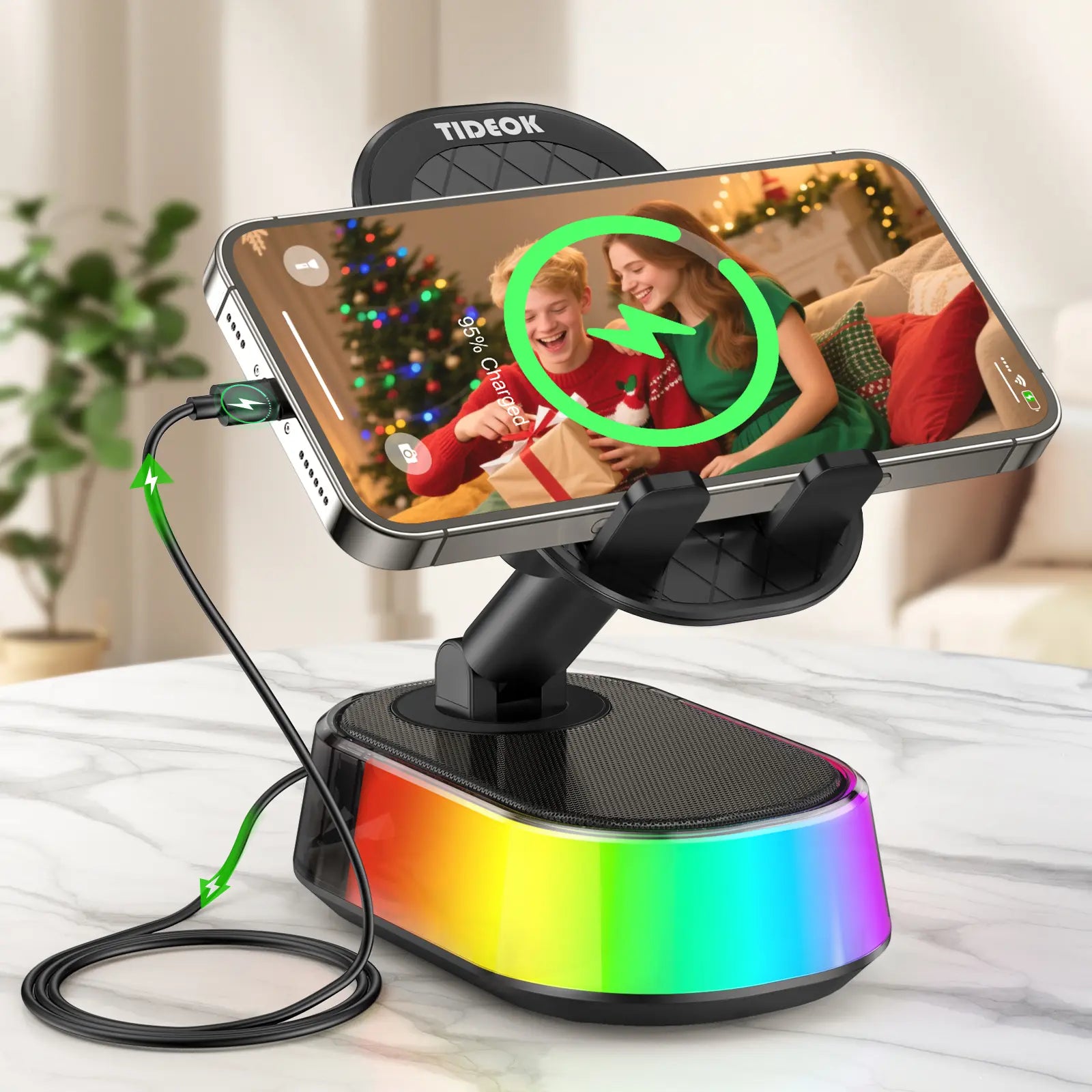 Wireless Induction Audio Speaker Stand, 5In1 Cellphone Holder, Rechargeable Emergency Power Bank,360° Adjustable Mobile Tablet Stand with Colorful Ambient Light Gifts for Men Women