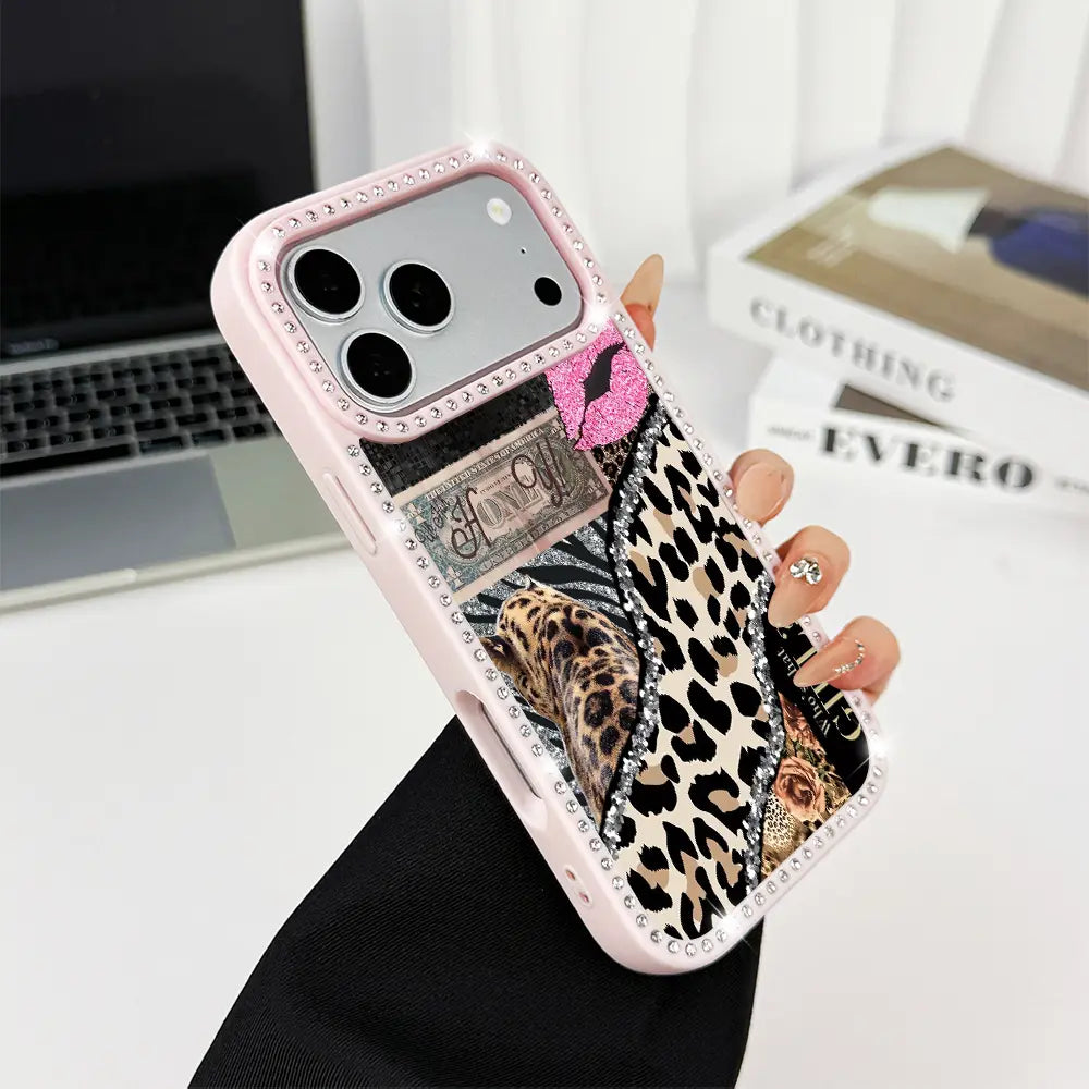 Shining Leopard Print Double-Sided Diamond Studded Phone Case, Military Grade anti Drop, Stylish and Beautiful Phone Protection Case, Suitable for Iphone 17 Pro Max, 16, 15 Plus, 14, 13, 12, 11 Women'S Phone Case-A192